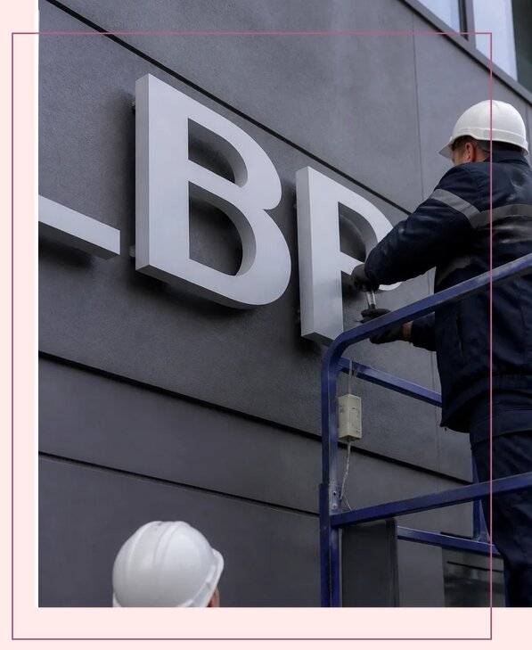 Изготовление и монтаж наружных букв на подложке в Великом Новгороде
